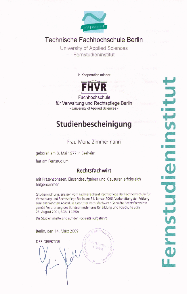 Studienbescheinigung & Refaratsbrief